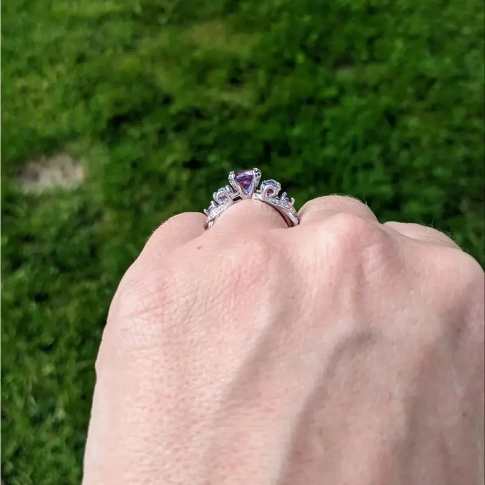 Elegant Purple Amethyst CZ Moissanite Silver Engagement Band Ring - Size 7 or 8